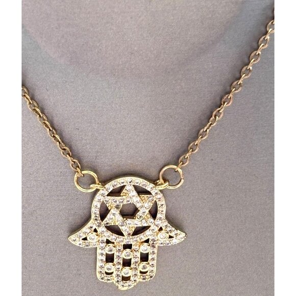 Gold Plated Star Of David Hamsa Necklace With Rhinestone Detailing Chain Length - Picture 2 of 4